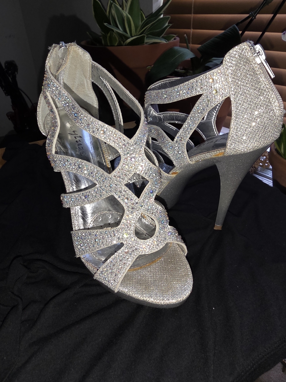 Metallic Silver Rhinestone Strappy High Heels
